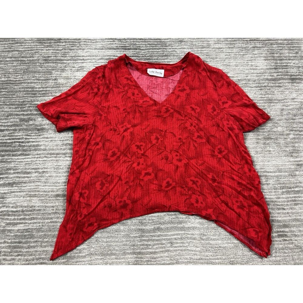 Lady Dorby Top Womens XL Red Short Sleeve Side Buttons Vneck Curve Hem Casual